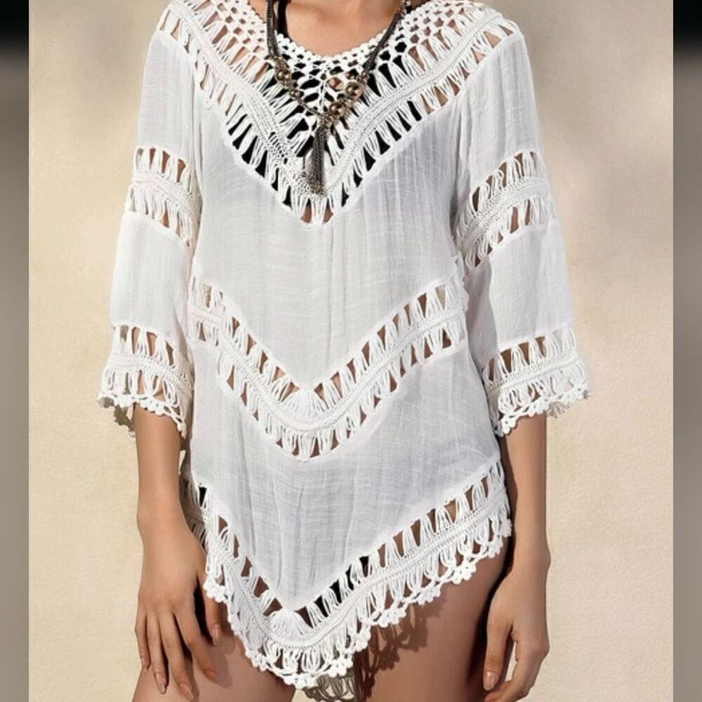 Active USA Boho Crochet Peasant Top Ibiza Festival Beach Cover Up, S/M